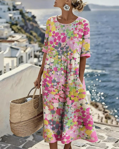Midi Kleid Damen | Buntes Muster & Kurzarm