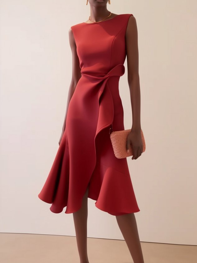 Midi Kleid Damen | Drapierte Taille & Volant-Saum