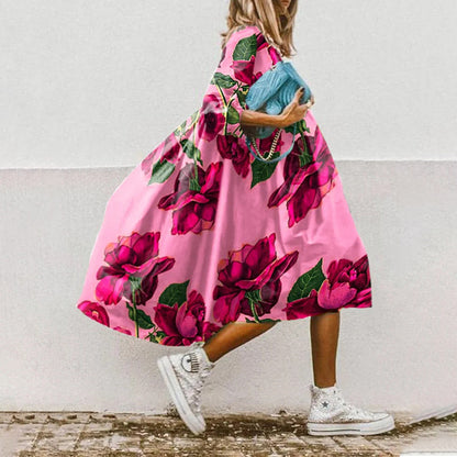 Midi Kleid Damen | Florales Swing-Kleid mit 3/4-Arm