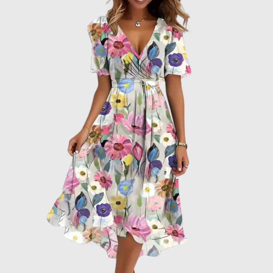 Midi Kleid Damen | Florales V-Ausschnitt-Design