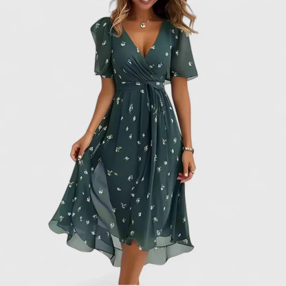 Midi Kleid Damen | Florales V-Ausschnitt-Design