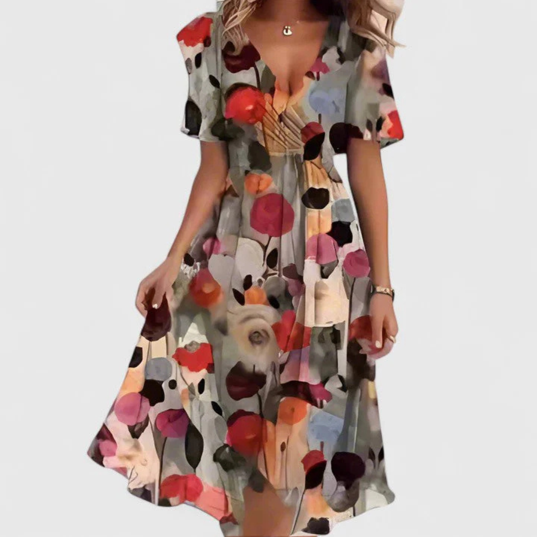 Midi Kleid Damen | Florales V-Ausschnitt-Design