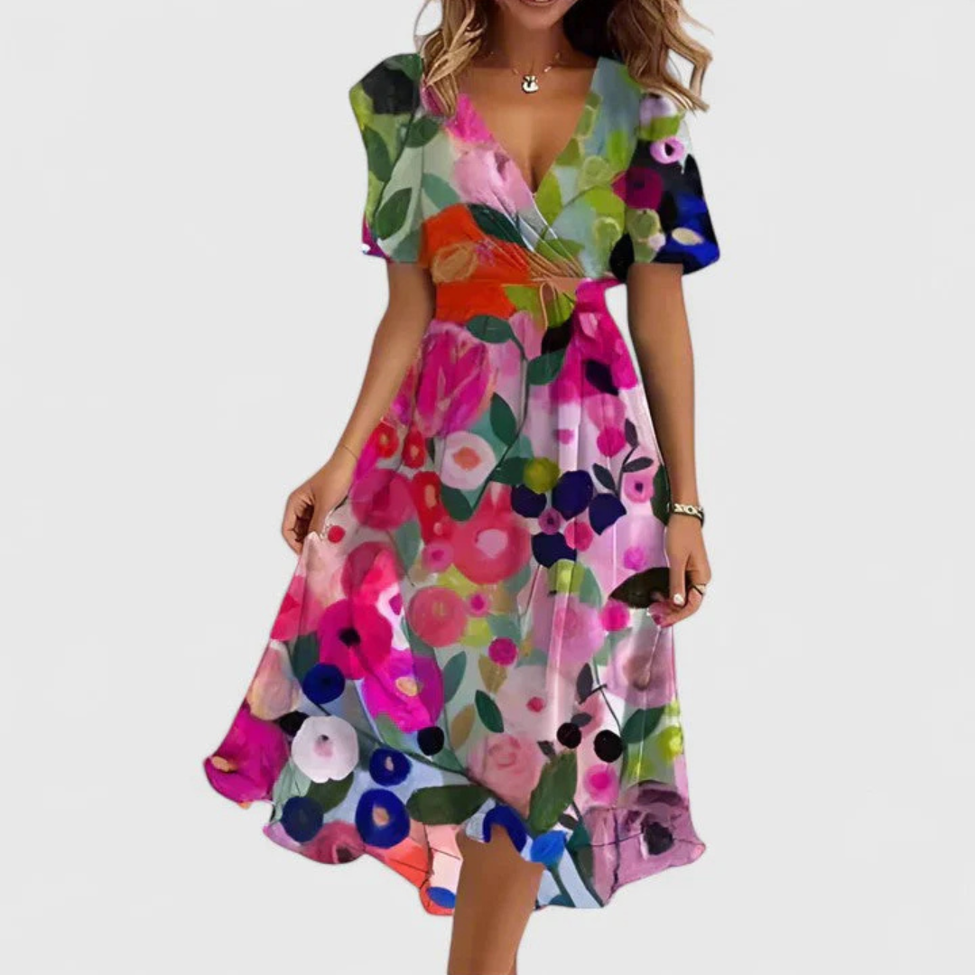 Midi Kleid Damen | Florales V-Ausschnitt-Design