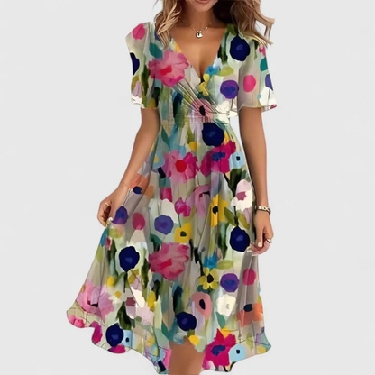 Midi Kleid Damen | Florales V-Ausschnitt-Design