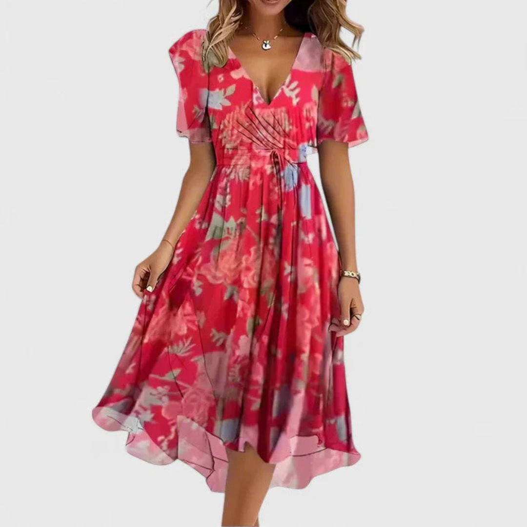 Midi Kleid Damen | Florales V-Ausschnitt-Design