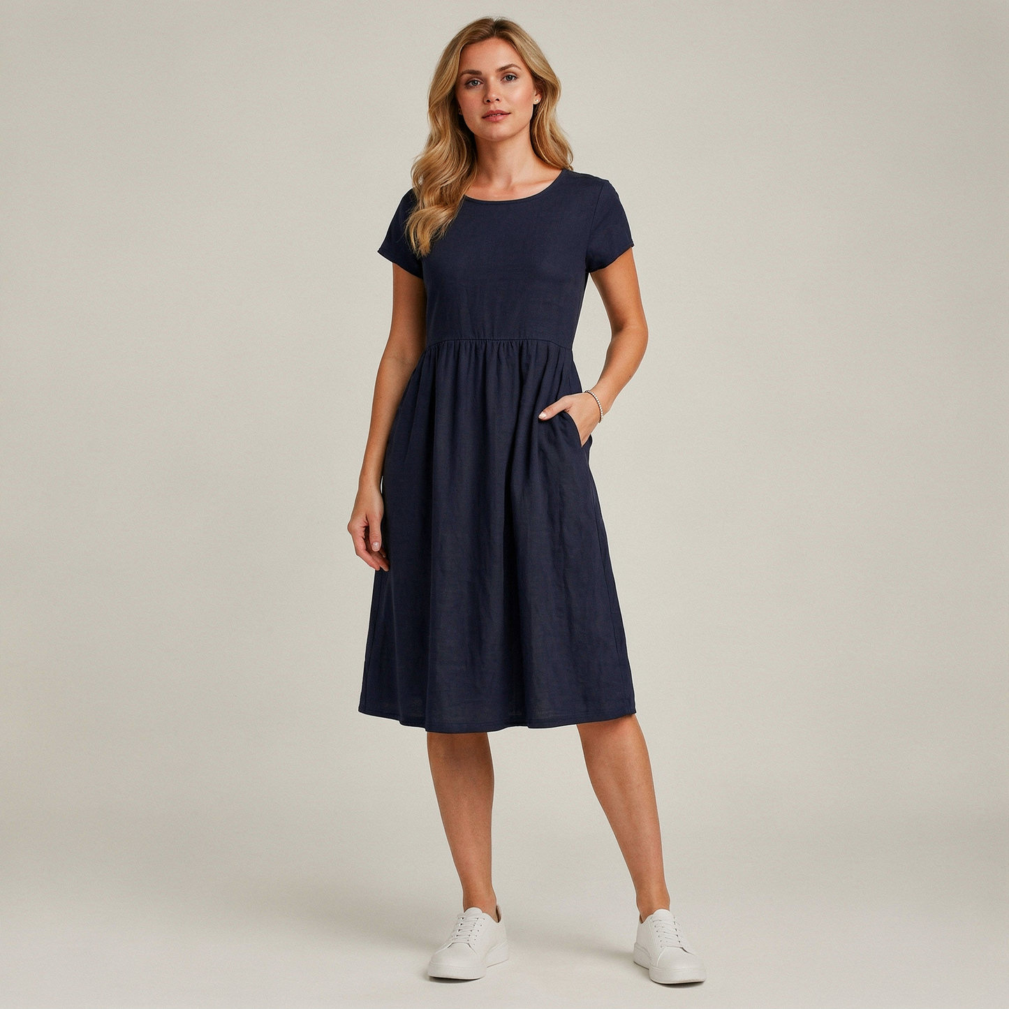 Midi Kleid Damen Kurzarm | Mit Taschen & Bequem