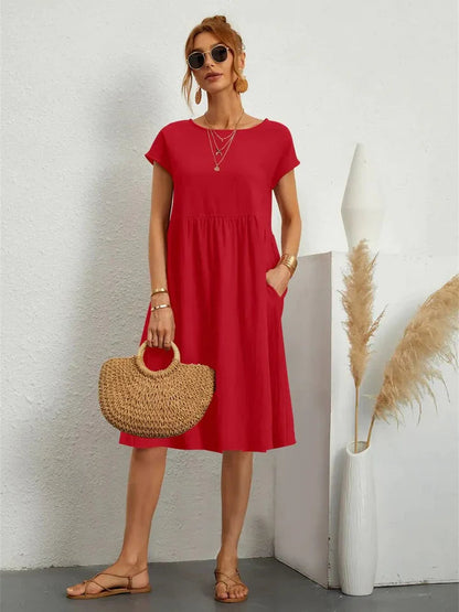 Midi Kleid Damen Kurzarm | Mit Taschen & Bequem
