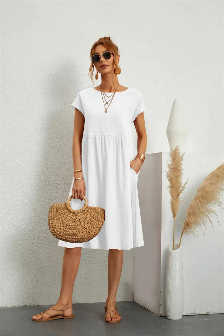 Midi Kleid Damen Kurzarm | Mit Taschen & Bequem