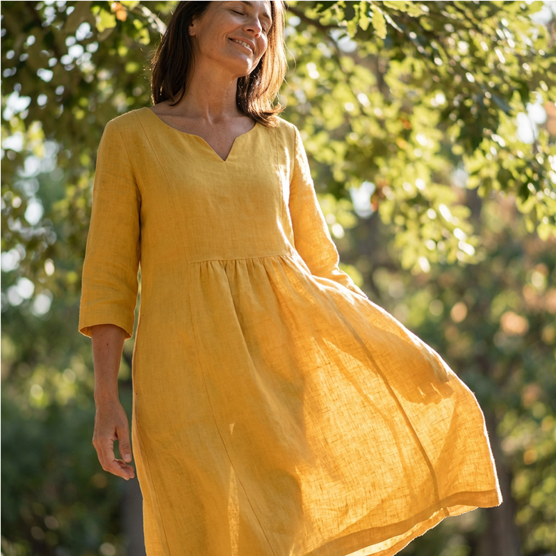 Midi Kleid Damen | V-Ausschnitt & 3/4-Ärmel mit Taschen