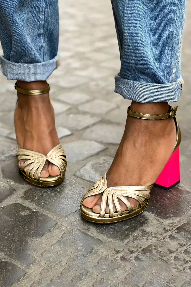 Absatz Sandalen Damen | Goldener Blockabsatz mit Statement-Design