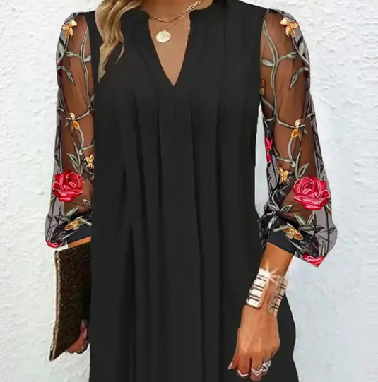 Mini Kleid Damen Mesh-Ärmel | Blumen-Stickerei & V-Ausschnitt