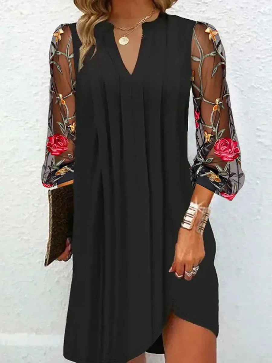 Mini Kleid Damen Mesh-Ärmel | Blumen-Stickerei & V-Ausschnitt