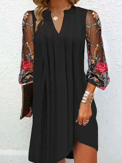 Mini Kleid Damen Mesh-Ärmel | Blumen-Stickerei & V-Ausschnitt