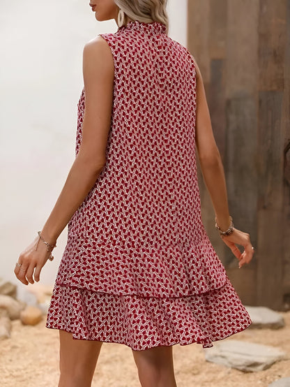 Mini Kleid Damen V-Ausschnitt | Allover-Print & Rüschensaum