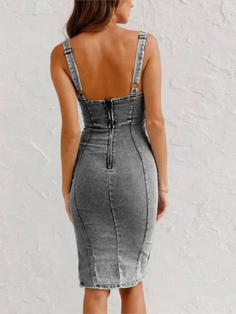 Midikleid Damen | Figurbetontes Denim-Kleid mit Seitenschlitz