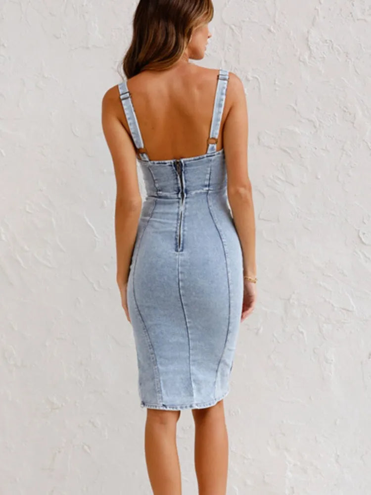 Midikleid Damen | Figurbetontes Denim-Kleid mit Seitenschlitz