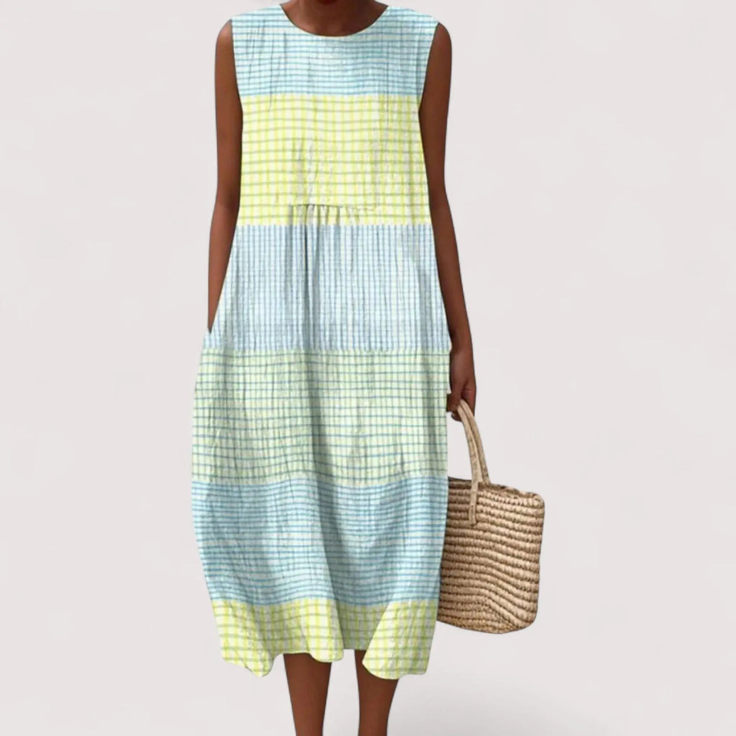 Midi Sommerkleid Damen | Ärmellos & Colorblock Karomuster