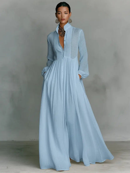 Nora | Damen Leinen-Baumwolle Stehkragen Knopfleiste Maxikleid 2