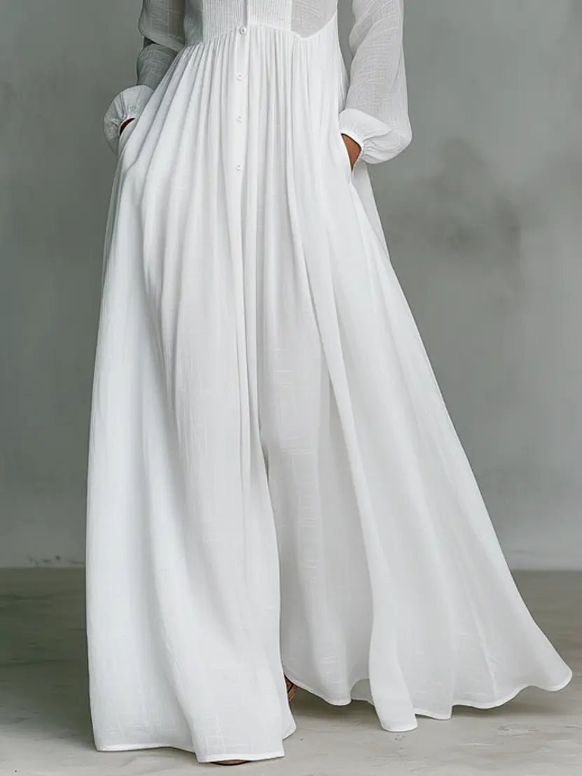 Nora | Damen Leinen-Baumwolle Stehkragen Knopfleiste Maxikleid 5