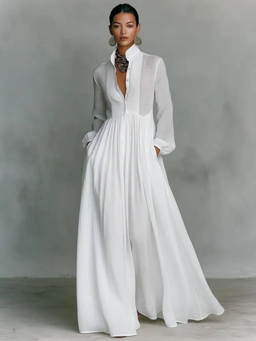 Nora | Damen Leinen-Baumwolle Stehkragen Knopfleiste Maxikleid 6
