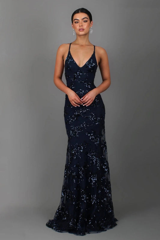 Maxikleid Damen | Pailletten-Abendkleid mit V-Ausschnitt & Rückenausschnitt