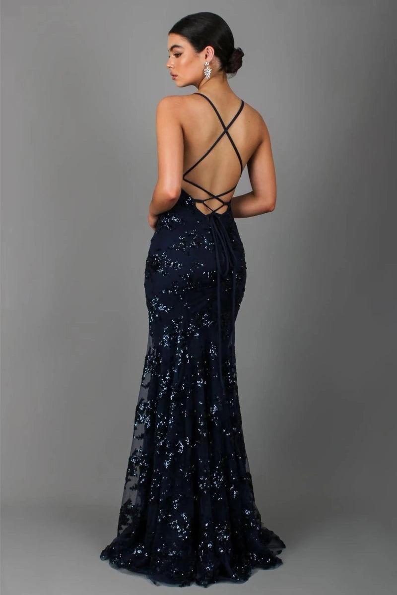 Maxikleid Damen | Pailletten-Abendkleid mit V-Ausschnitt & Rückenausschnitt