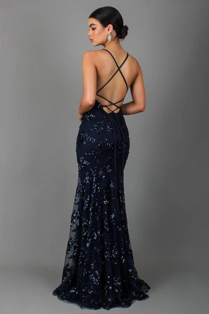 Maxikleid Damen | Pailletten-Abendkleid mit V-Ausschnitt & Rückenausschnitt