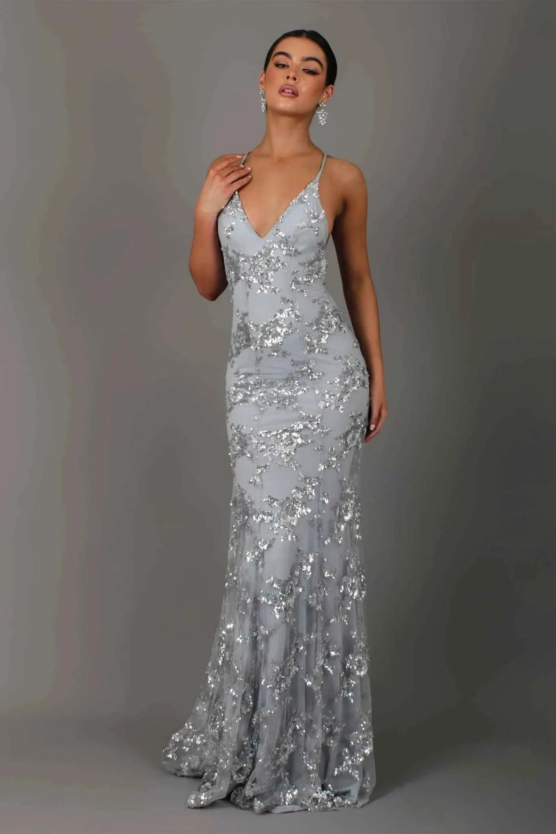 Maxikleid Damen | Pailletten-Abendkleid mit V-Ausschnitt & Rückenausschnitt