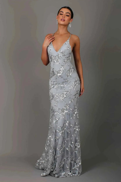 Maxikleid Damen | Pailletten-Abendkleid mit V-Ausschnitt & Rückenausschnitt