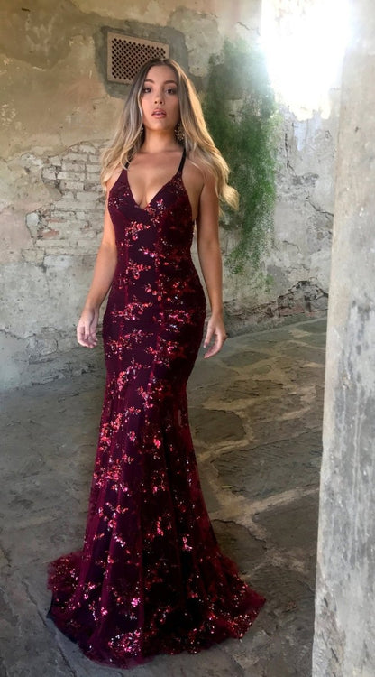Maxikleid Damen | Pailletten-Abendkleid mit V-Ausschnitt & Rückenausschnitt