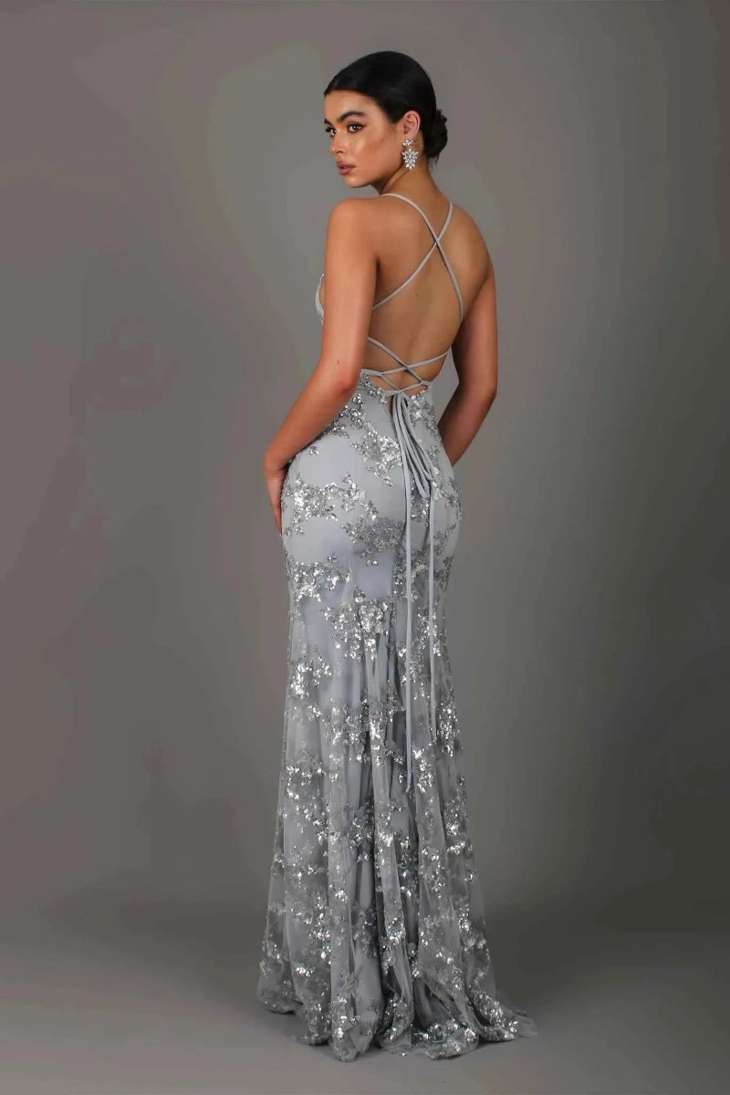 Maxikleid Damen | Pailletten-Abendkleid mit V-Ausschnitt & Rückenausschnitt