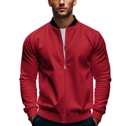 Close view of the stand collar on a men's sweat jacket