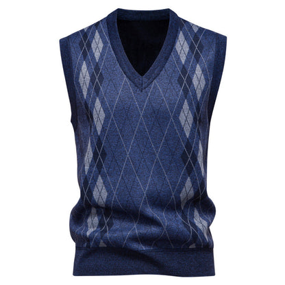 Close-up of the knitted argyle pattern on a cotton-blend vest