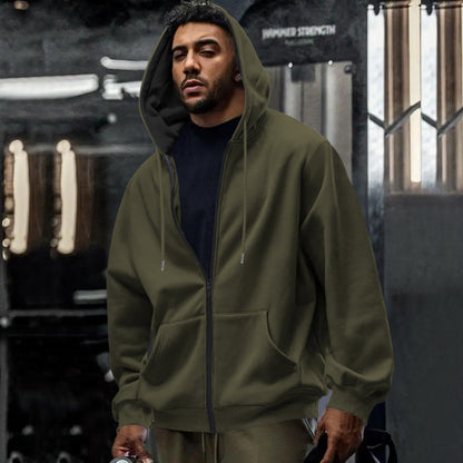 Detail view of the kangaroo pocket on a full-zip hoodie
