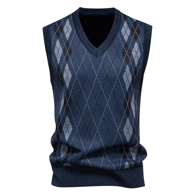 Men's argyle sweater vest shown with its V-neck design