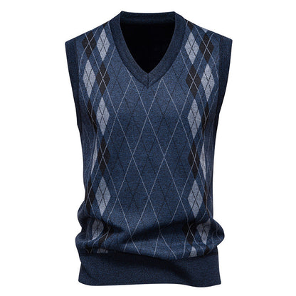 Men's argyle sweater vest shown with its V-neck design