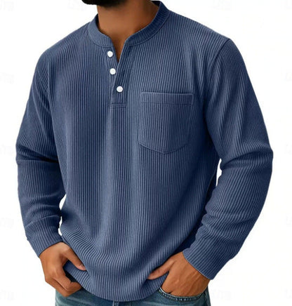 Side view of the waffle knit Henley shirt showing its relaxed shape