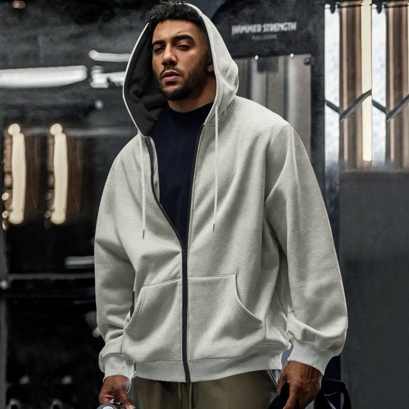 Rear view of an oversized men's full-zip hoodie