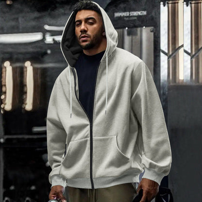 Rear view of an oversized men's full-zip hoodie