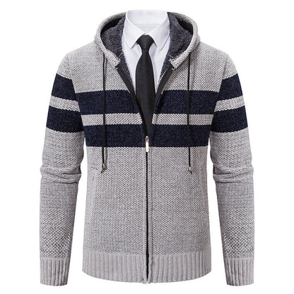 Men's knit hooded jacket with teddy fleece lining shown from the front