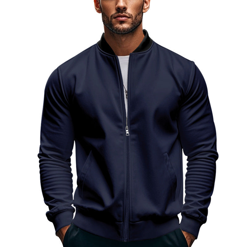 Men's bomber jacket showing its stand collar and clean front