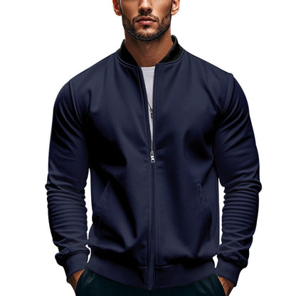 Men's bomber jacket showing its stand collar and clean front