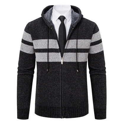 Concealed zip front on a men's knit hooded jacket