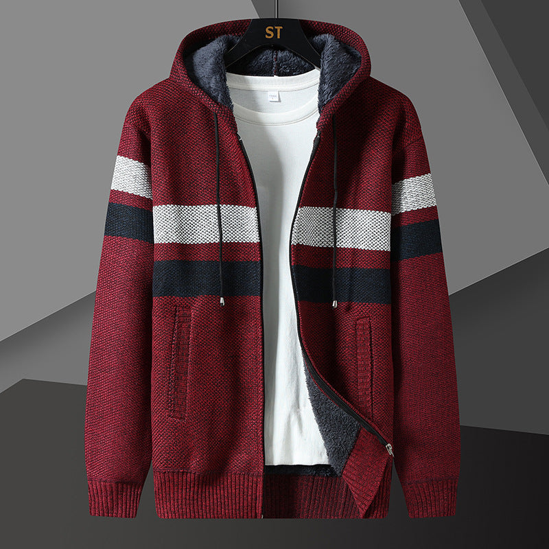 Men's sherpa-lined knit jacket with a hood and full-zip front
