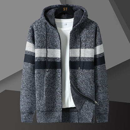 Side view of a men's hooded knit jacket with zip closure