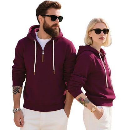 Soft fleece texture shown on a men's half-zip hoodie