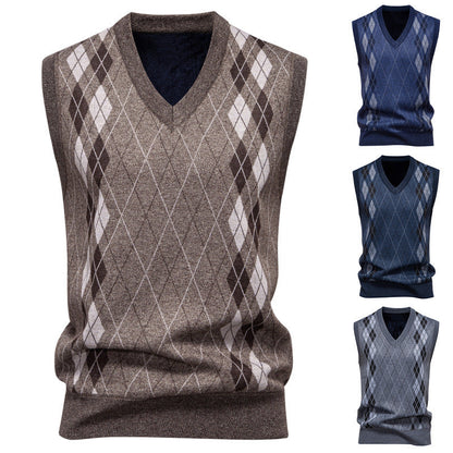 Men's cotton-blend argyle sweater vest with a classic V-neck front