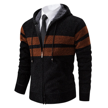 Full view of the men's knit hooded jacket with fleece lining