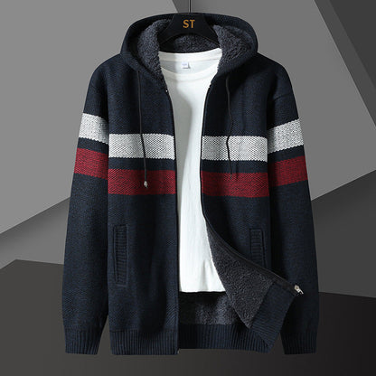 Front view of a men's knit hooded jacket with soft sherpa lining