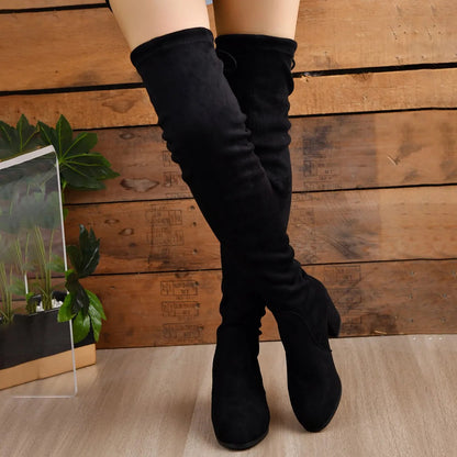 Overknee Stiefel Schwarz Kunstleder mit stabilem Blockabsatz